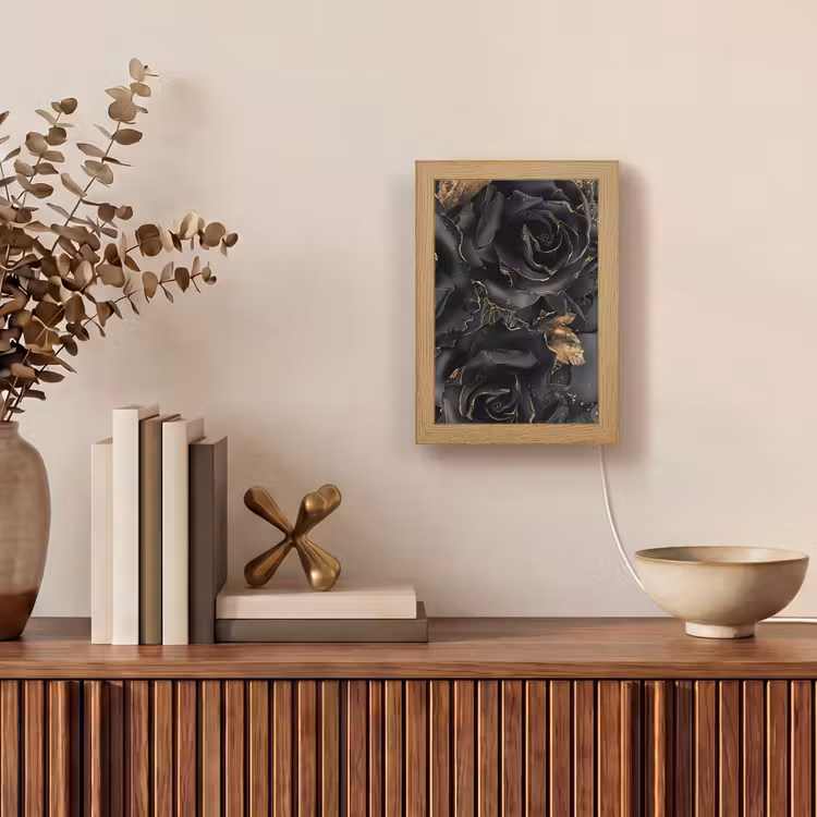 Rozen - Zwart - Bloemen - Goud Light Box met kabel (Tafellamp) klein -sfeer2
