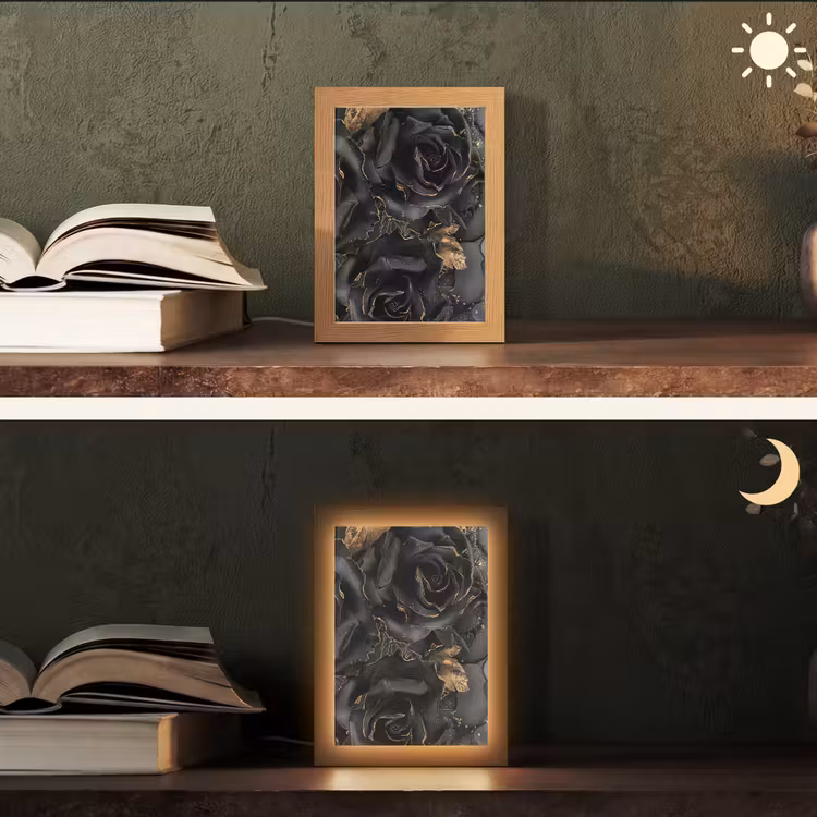 Rozen - Zwart - Bloemen - Goud Light Box met kabel (Tafellamp) klein -sfeer3