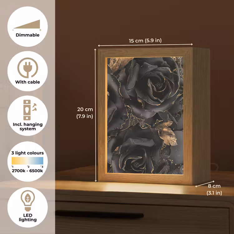 Rozen - Zwart - Bloemen - Goud Light Box met kabel (Tafellamp) klein -USP_EN