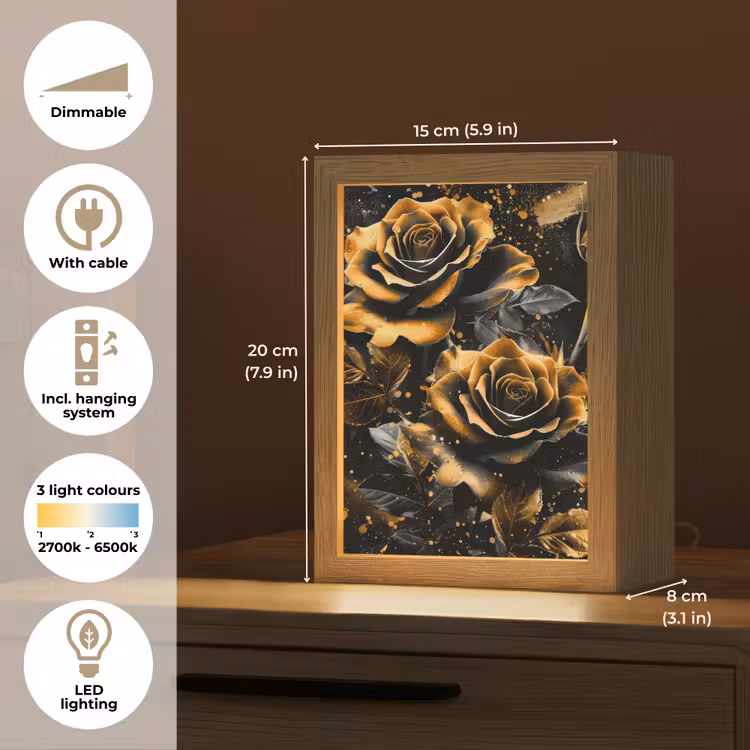 Rozen - Goud - Zwart - Bloemen - Modern Light Box met kabel (Tafellamp) klein -USP_EN