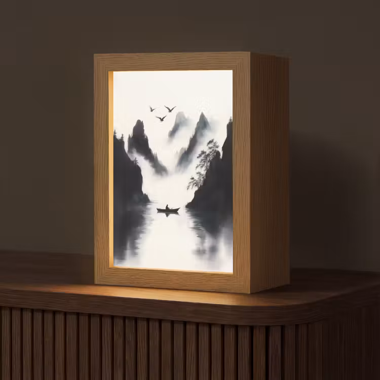 Roeiboot - Mistig - Bergen - Vogels Light Box met kabel (Tafellamp) klein -z3d_website