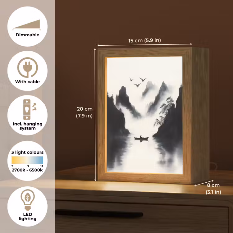 Roeiboot - Mistig - Bergen - Vogels Light Box met kabel (Tafellamp) klein -USP_EN