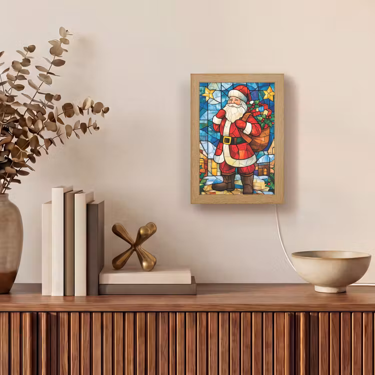 Kerstman - Glas - Kleurrijk Light Box met kabel (Tafellamp) klein -sfeer2