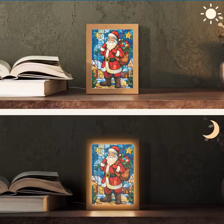 Kerstman - Glas - Kleurrijk Light Box met kabel (Tafellamp) klein -sfeer3