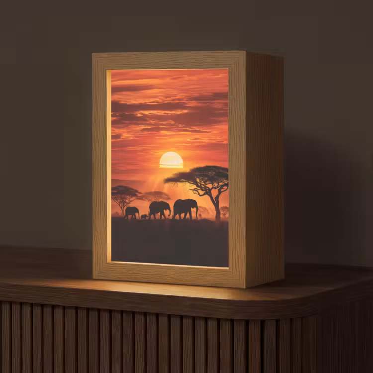 Savanne - Olifanten - Zonsondergang Light Box met kabel (Tafellamp) klein -z3d_website