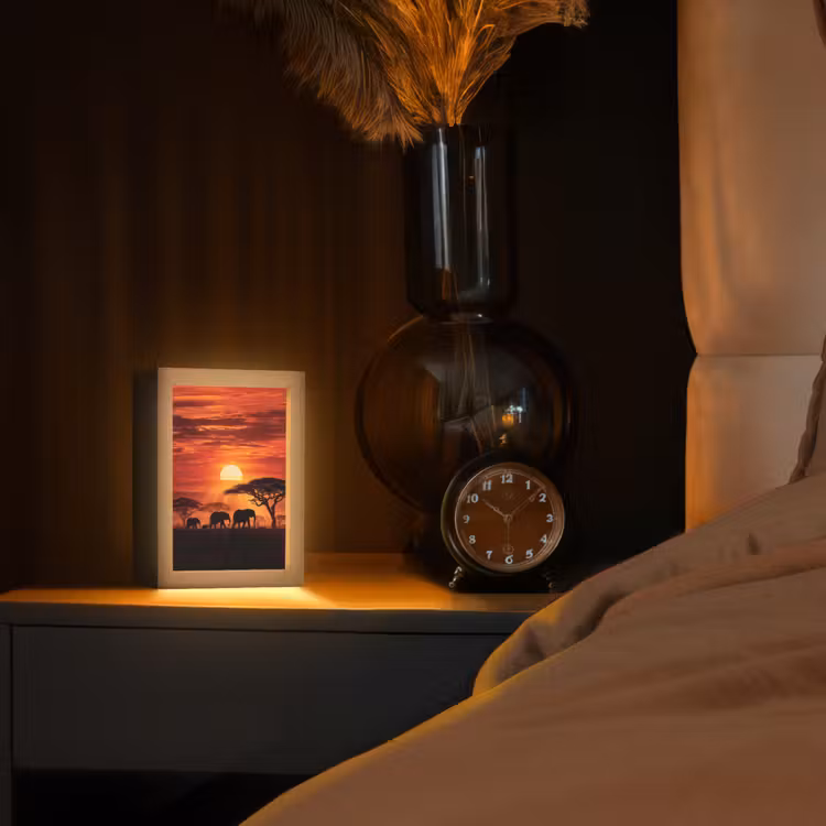 Savanne - Olifanten - Zonsondergang Light Box met kabel (Tafellamp) klein -sfeer1