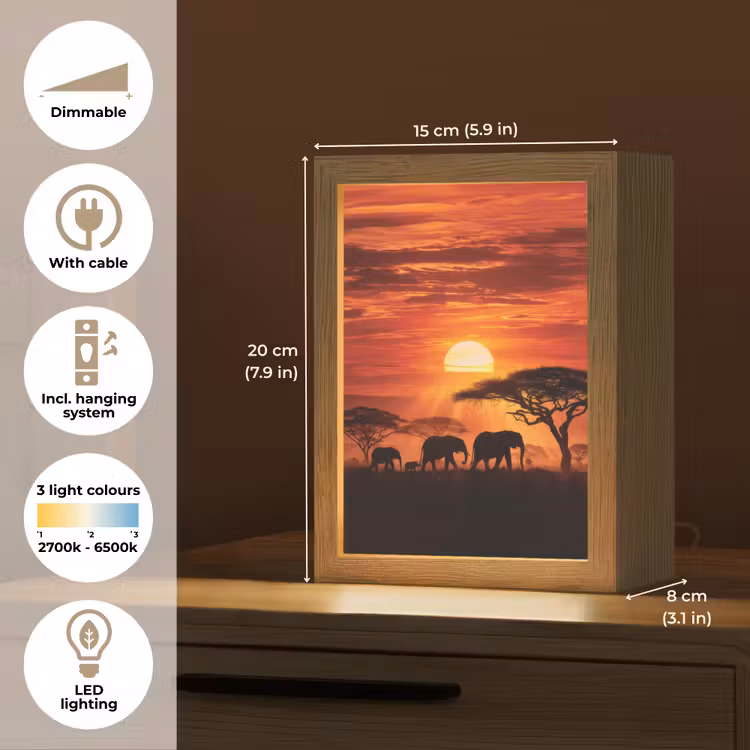 Savanne - Olifanten - Zonsondergang Light Box met kabel (Tafellamp) klein -USP_EN
