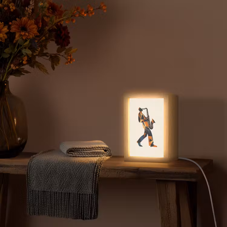Saxofoon - Abstract - Persoon - Blauw Light Box met kabel (Tafellamp) klein -sfeer4