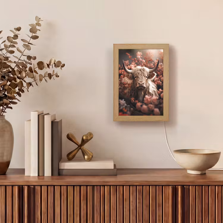 Schotse hooglander - Dier - Natuur - Bloemen - Botanisch Light Box met kabel (Tafellamp) klein -sfeer2
