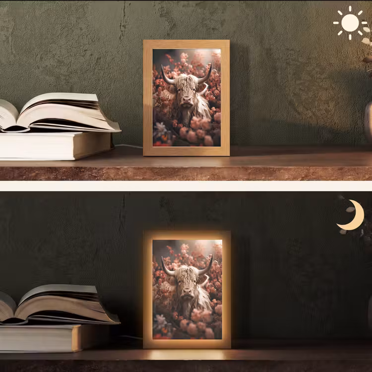 Schotse hooglander - Dier - Natuur - Bloemen - Botanisch Light Box met kabel (Tafellamp) klein -sfeer3