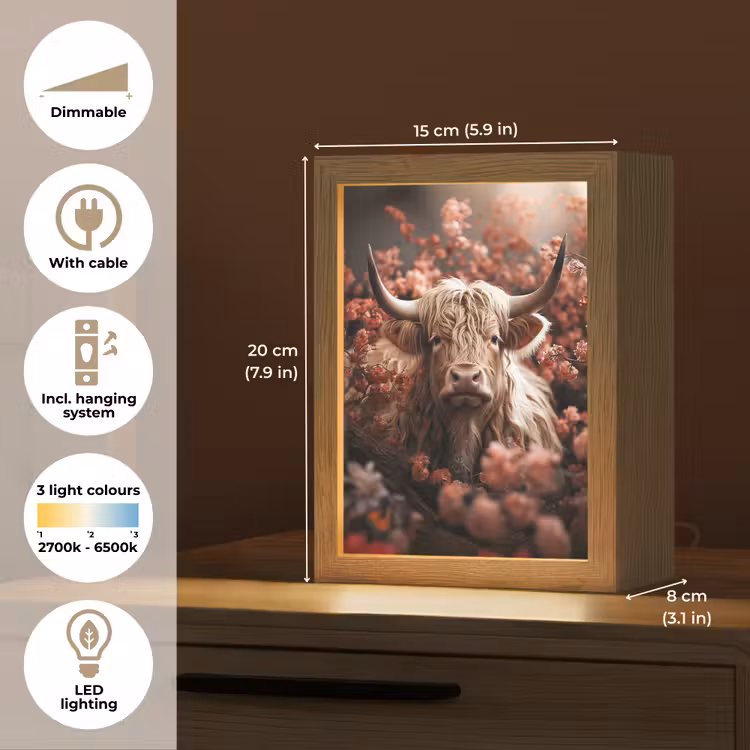 Schotse hooglander - Dier - Natuur - Bloemen - Botanisch Light Box met kabel (Tafellamp) klein -USP_EN