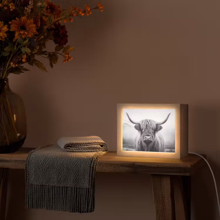 Schotse hooglander - Dieren portret - Zwart - Wit - Dier Light Box met kabel (Tafellamp) klein -sfeer4