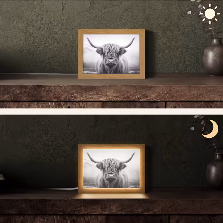 Schotse hooglander - Dieren portret - Zwart - Wit - Dier Light Box met kabel (Tafellamp) klein -sfeer3