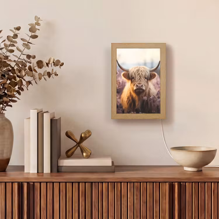 Schotse hooglander - Dieren portret - Bloemen - Dier Light Box met kabel (Tafellamp) klein -sfeer2