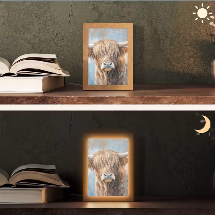 Schotse hooglander - Dieren - Koe - Street art Light Box met kabel (Tafellamp) klein -sfeer3