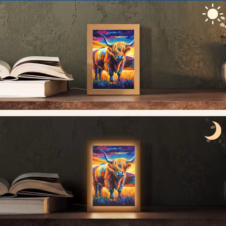 Schotse hooglander - Kunst - Koe - Dieren - Landschap Light Box met kabel (Tafellamp) klein -sfeer3
