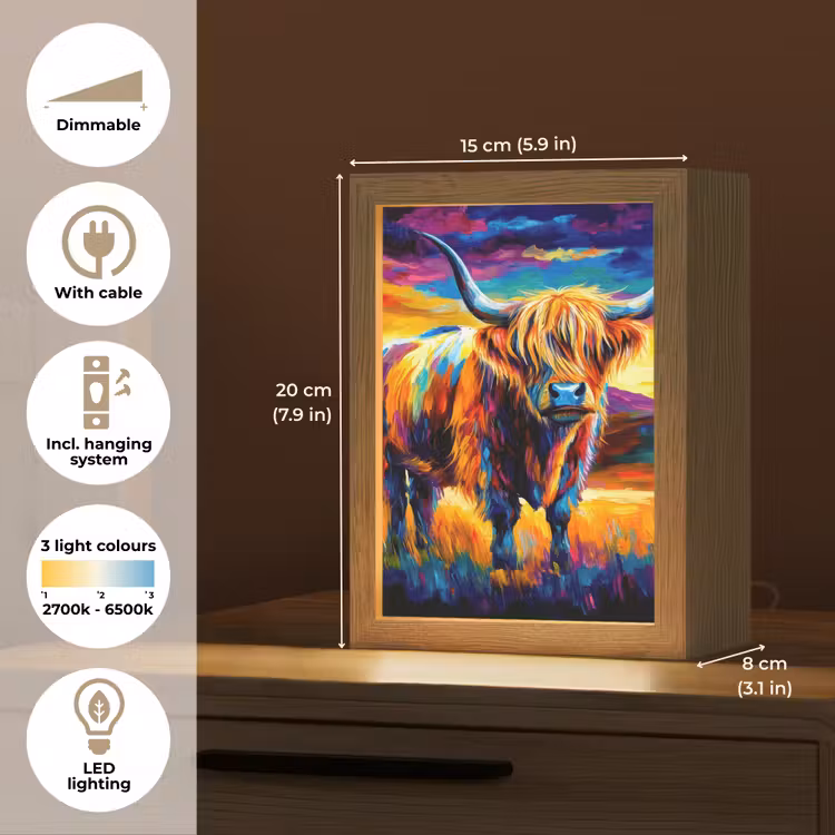 Schotse hooglander - Kunst - Koe - Dieren - Landschap Light Box met kabel (Tafellamp) klein -USP_EN