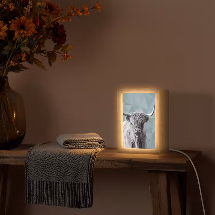 Schotse hooglander - Zwart wit - Patroon - Driehoek Light Box met kabel (Tafellamp) klein -sfeer4