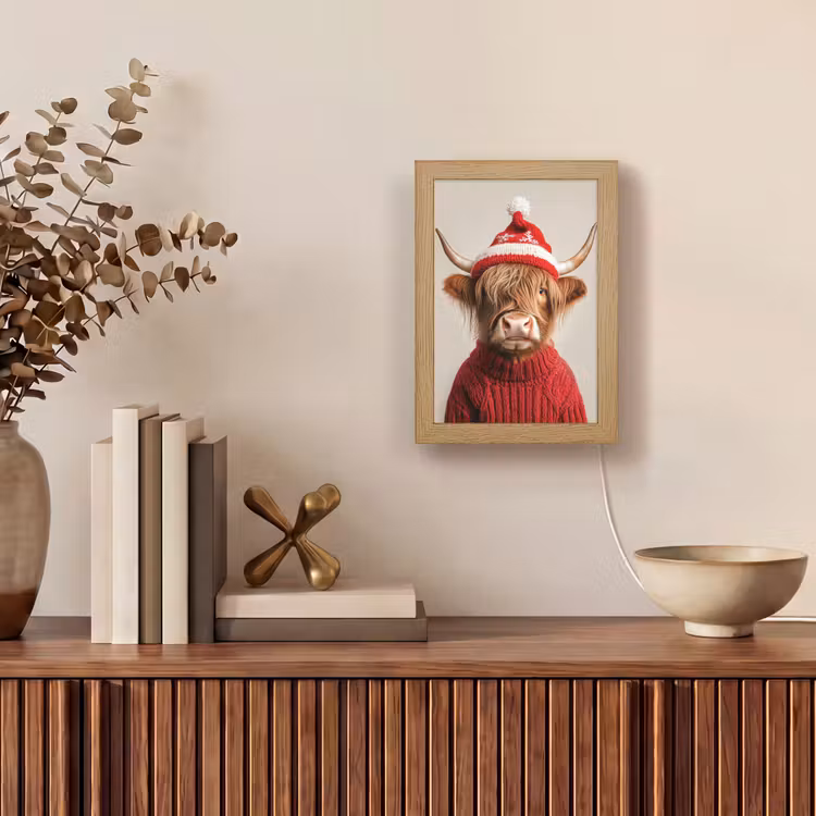 Schotse Hooglander - Kerst - Muts - Trui - Winter Light Box met kabel (Tafellamp) klein -sfeer2