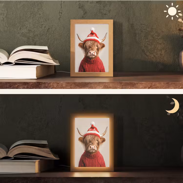 Schotse Hooglander - Kerst - Muts - Trui - Winter Light Box met kabel (Tafellamp) klein -sfeer3