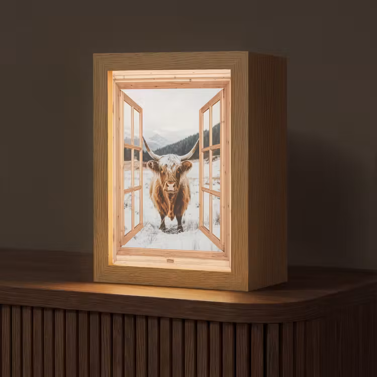 Schotse Hooglander - Landschap - Landelijk - Bergen - Winter - Doorkijk Light Box met kabel (Tafellamp) klein -z3d_website