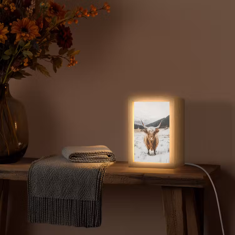 Schotse Hooglander - Landschap - Sneeuw - Bergen - Winter Light Box met kabel (Tafellamp) klein -sfeer4