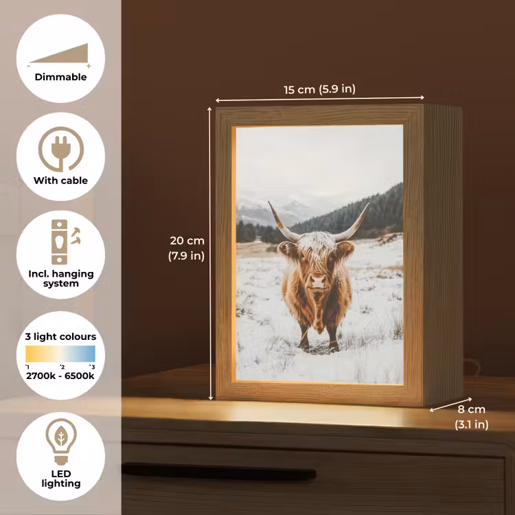 Schotse Hooglander - Landschap - Sneeuw - Bergen - Winter Light Box met kabel (Tafellamp) klein -USP_EN