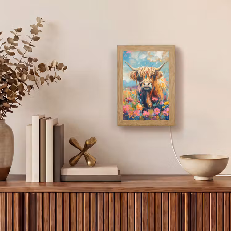 Schotse hooglander - Natuur - Kleurrijk - Bloemen Light Box met kabel (Tafellamp) klein -sfeer2