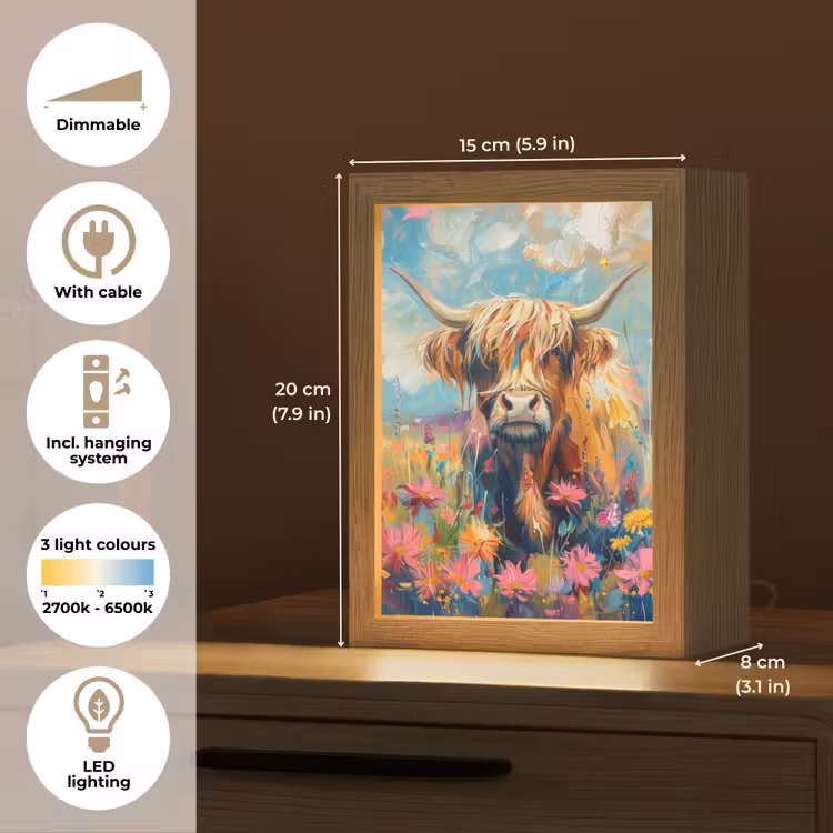 Schotse hooglander - Natuur - Kleurrijk - Bloemen Light Box met kabel (Tafellamp) klein -USP_EN