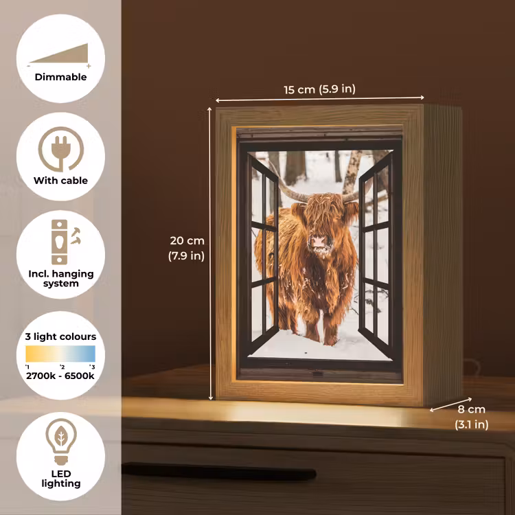 Schotse Hooglander - Sneeuw - Natuur - Dieren - Doorkijk - Winter Light Box met kabel (Tafellamp) klein -USP_EN