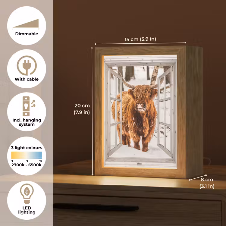 Schotse Hooglander - Sneeuw - Winter - Natuur - Dier - Doorkijk - Landelijk Light Box met kabel (Tafellamp) klein -USP_EN