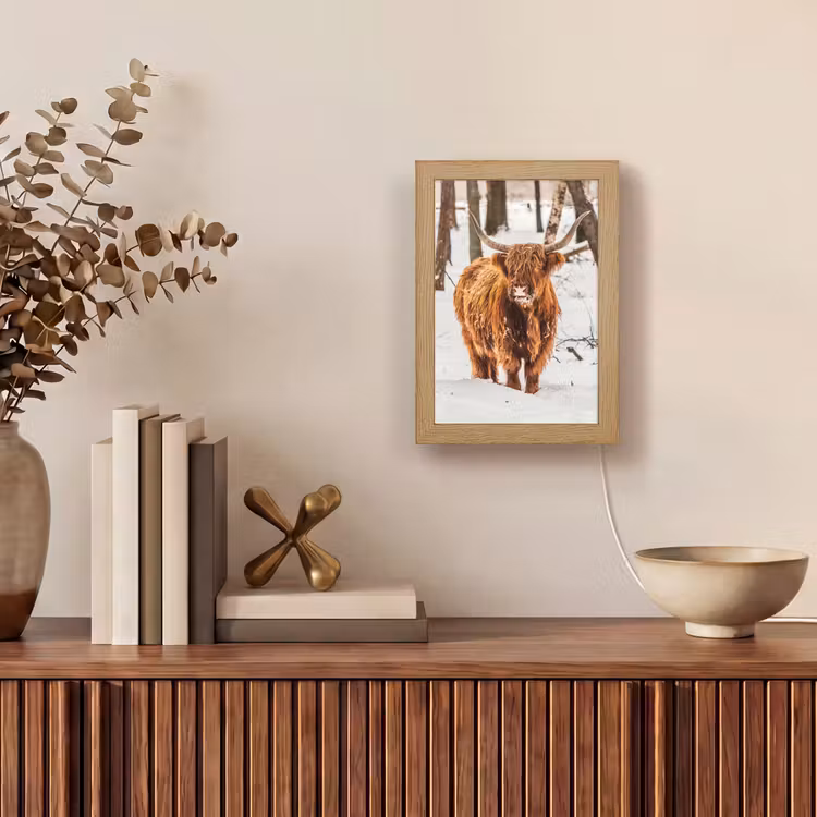 Schotse Hooglander - Sneeuw - Winter - Natuur - Dieren Light Box met kabel (Tafellamp) klein -sfeer2