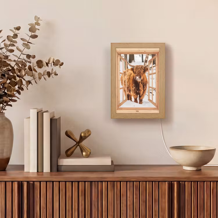 Schotse Hooglander - Winter - Landschap - Natuur - Dieren - Doorkijk Light Box met kabel (Tafellamp) klein -sfeer2