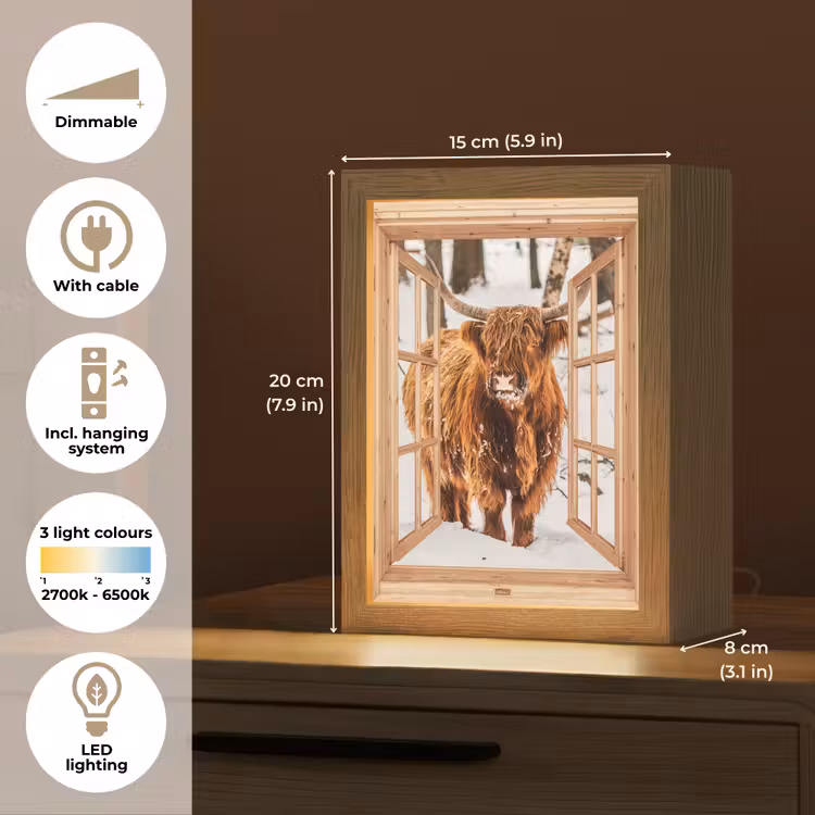 Schotse Hooglander - Winter - Landschap - Natuur - Dieren - Doorkijk Light Box met kabel (Tafellamp) klein -USP_EN