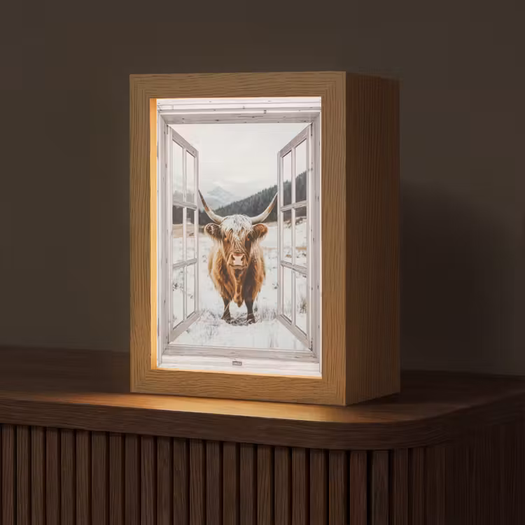 Schotse Hooglander - Winterlandschap - Landelijk - Bergen - Doorkijk Light Box met kabel (Tafellamp) klein -z3d_website
