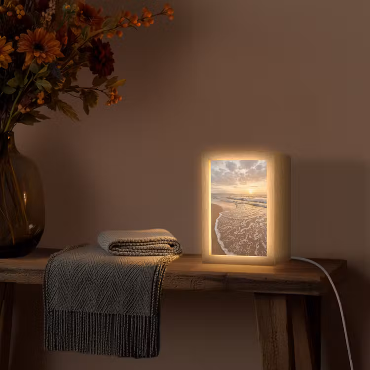 Zee - Kustlijn - Wolken - Landschap - Oranje Light Box met kabel (Tafellamp) klein -sfeer4