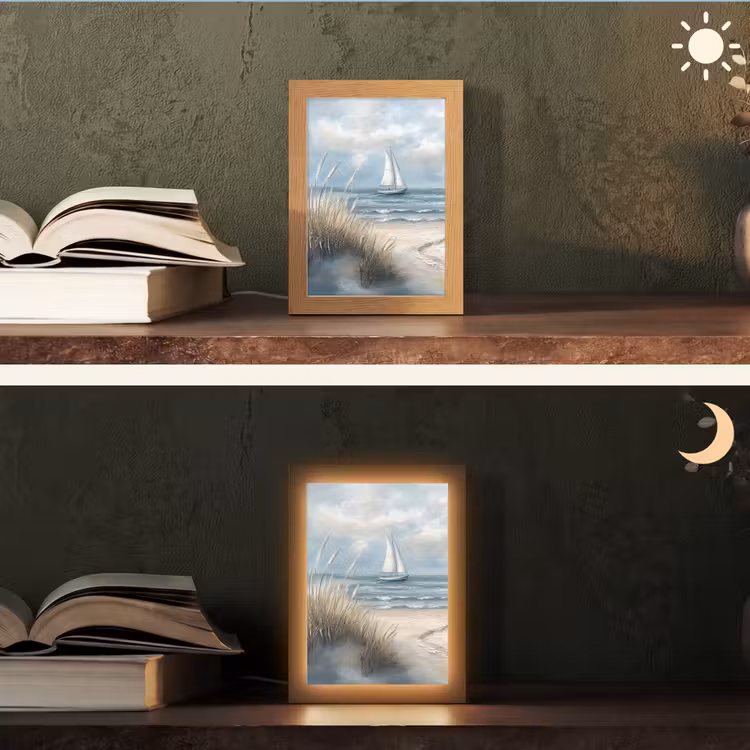 Zee - Zeilboot - Strand - Duinen - Vintage Light Box met kabel (Tafellamp) klein -sfeer3