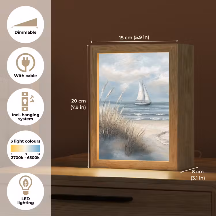 Zee - Zeilboot - Strand - Duinen - Vintage Light Box met kabel (Tafellamp) klein -USP_EN