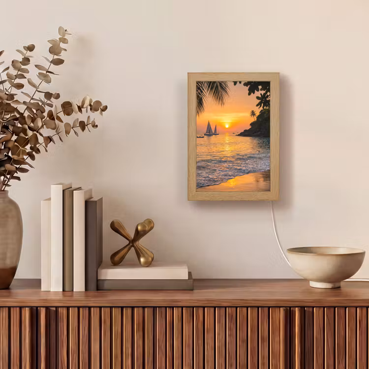 Zee - Zonsondergang - Boot - Natuur - Oranje Light Box met kabel (Tafellamp) klein -sfeer2