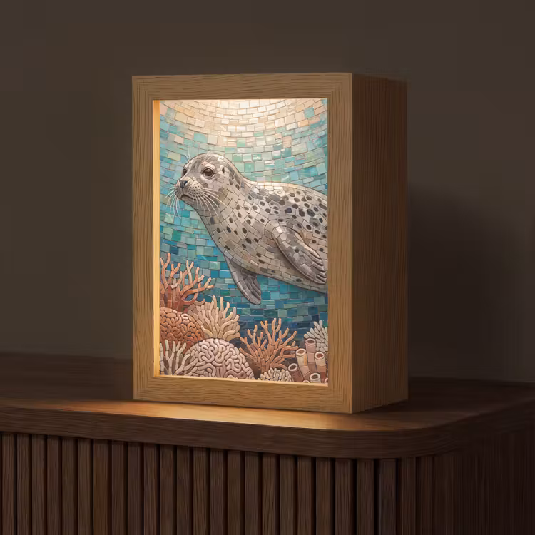 Zeehond - Mozaïek - Onderwater - Dieren - Blauw Light Box met kabel (Tafellamp) klein -z3d_website