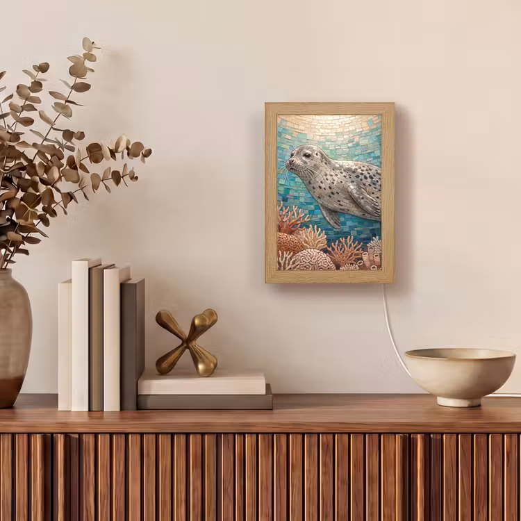 Zeehond - Mozaïek - Onderwater - Dieren - Blauw Light Box met kabel (Tafellamp) klein -sfeer2