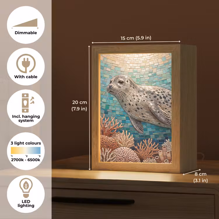 Zeehond - Mozaïek - Onderwater - Dieren - Blauw Light Box met kabel (Tafellamp) klein -USP_EN