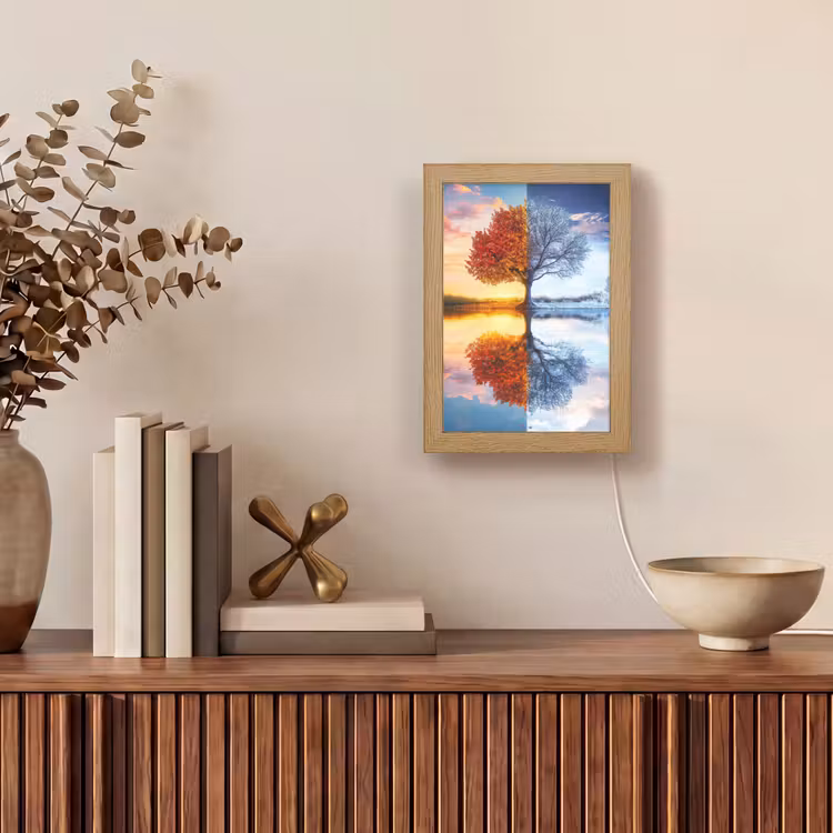 Seizoenen - Kunst - Boom - Herfst - Winter Light Box met kabel (Tafellamp) klein -sfeer2
