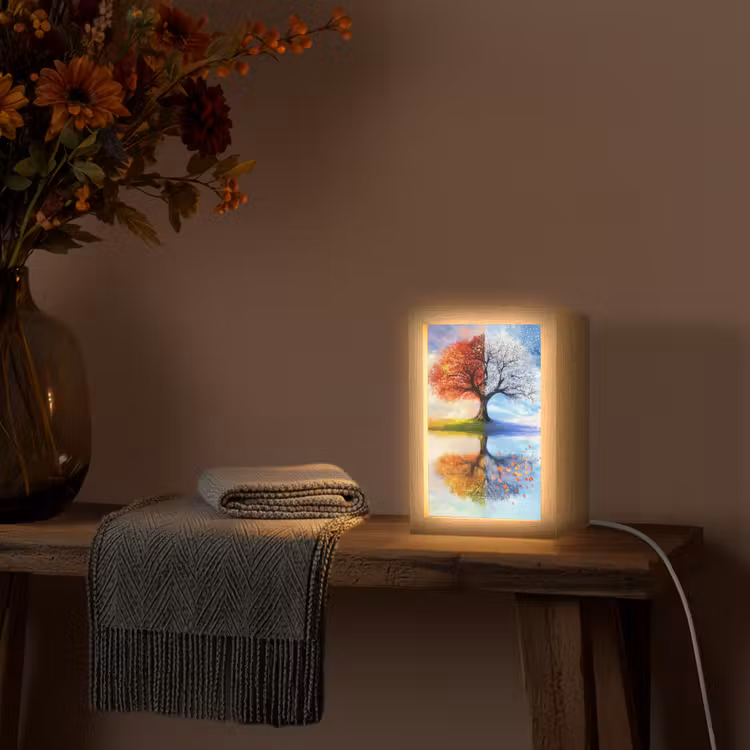 Seizoenen - Kunst - Boom - Winter - Herfst Light Box met kabel (Tafellamp) klein -sfeer4
