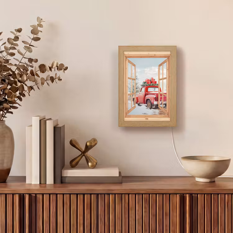 Doorkijk - Auto - Kerst - Cadeaus - Winter - Landschap Light Box met kabel (Tafellamp) klein -sfeer2