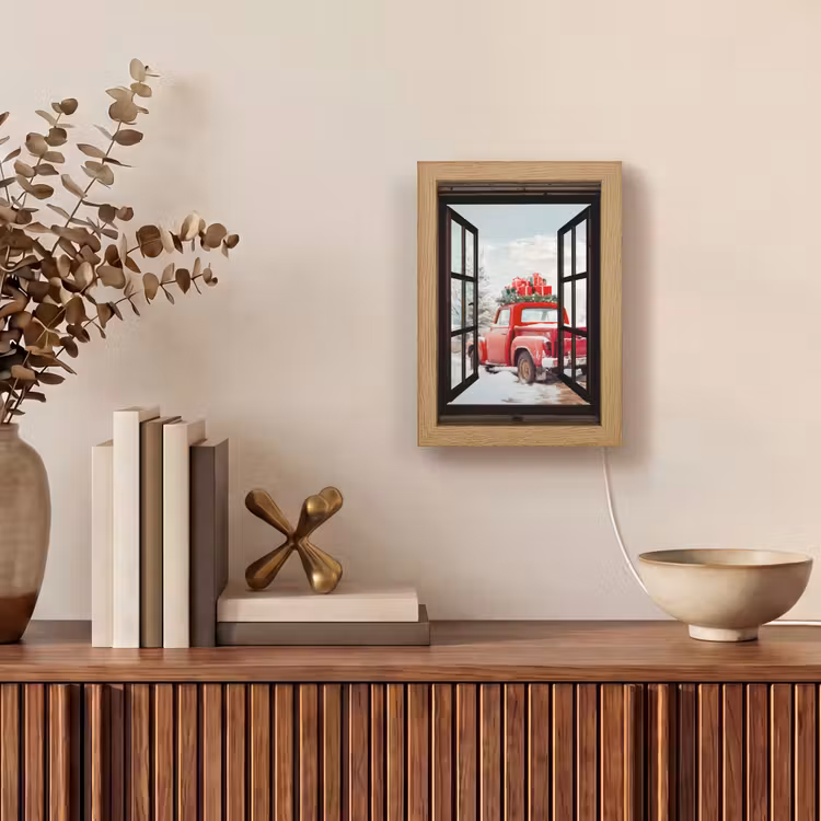 Doorkijk - Auto - Rood - Cadeaus - Winterlandschap - Kerst Light Box met kabel (Tafellamp) klein -sfeer2