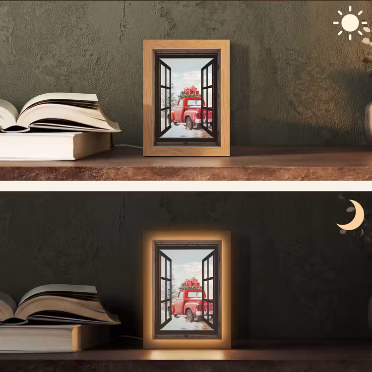 Doorkijk - Auto - Rood - Cadeaus - Winterlandschap - Kerst Light Box met kabel (Tafellamp) klein -sfeer3