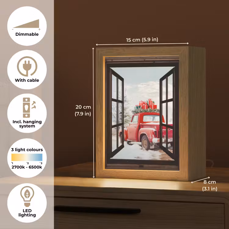 Doorkijk - Auto - Rood - Cadeaus - Winterlandschap - Kerst Light Box met kabel (Tafellamp) klein -USP_EN