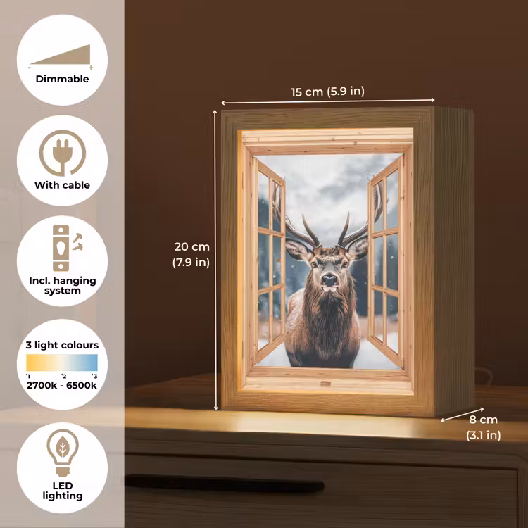 Doorkijk - Hert - Dieren - Winterlandschap - Sneeuw Light Box met kabel (Tafellamp) klein -USP_EN