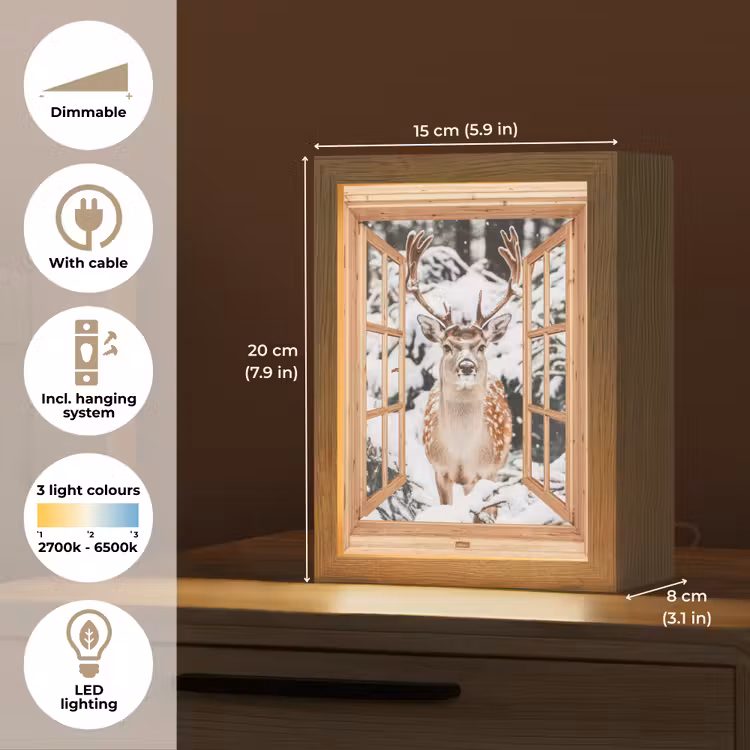 Doorkijk - Hert - Sneeuw - Winter - Bos - Dieren Light Box met kabel (Tafellamp) klein -USP_EN